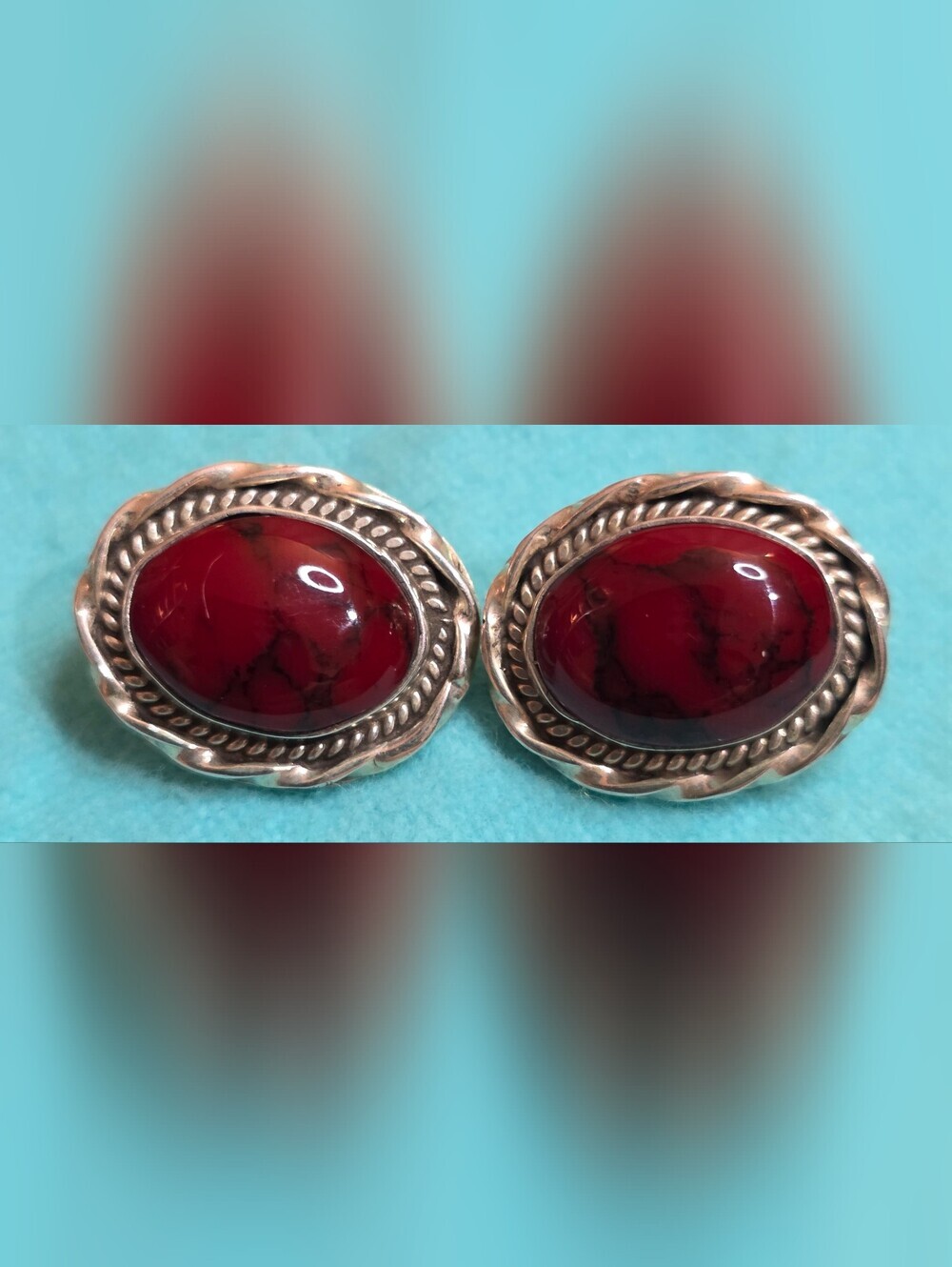 NATIVE AMERICAN TAXCO STERLING SILVER 925 RED JASPER CLIP EARRING